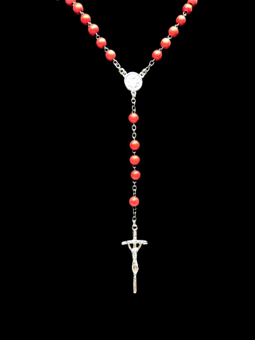 Vintage Rosary Red Beaded Cross Lariat and Y Drop Chain Necklace 17"
